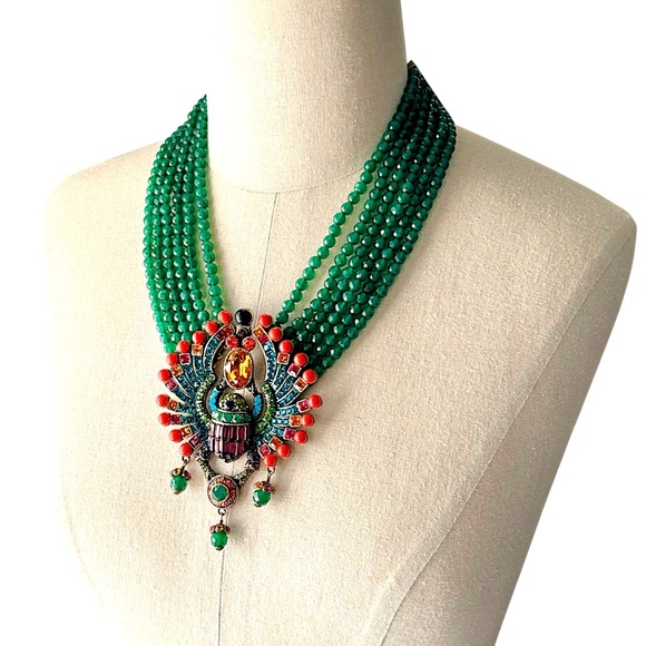 Heidi Daus Far Cry From Shy 6 Strand Green & Coral Bead Crystal Scarab Necklace - Picture 2 of 12